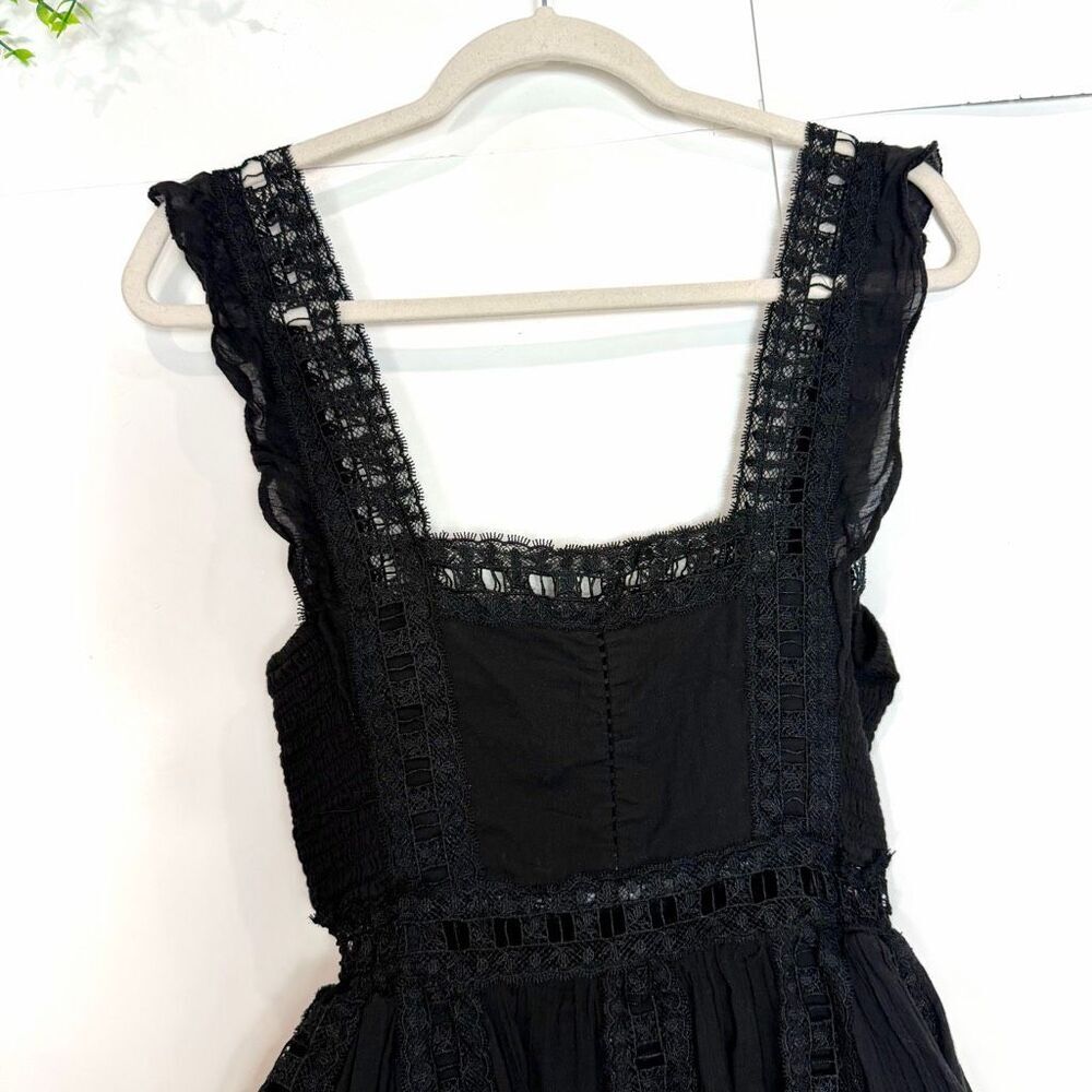 Free People Dress XS Verona Lace Trim Mini Black Square Neck Flare Gauzy Cotton - Picture 5 of 16